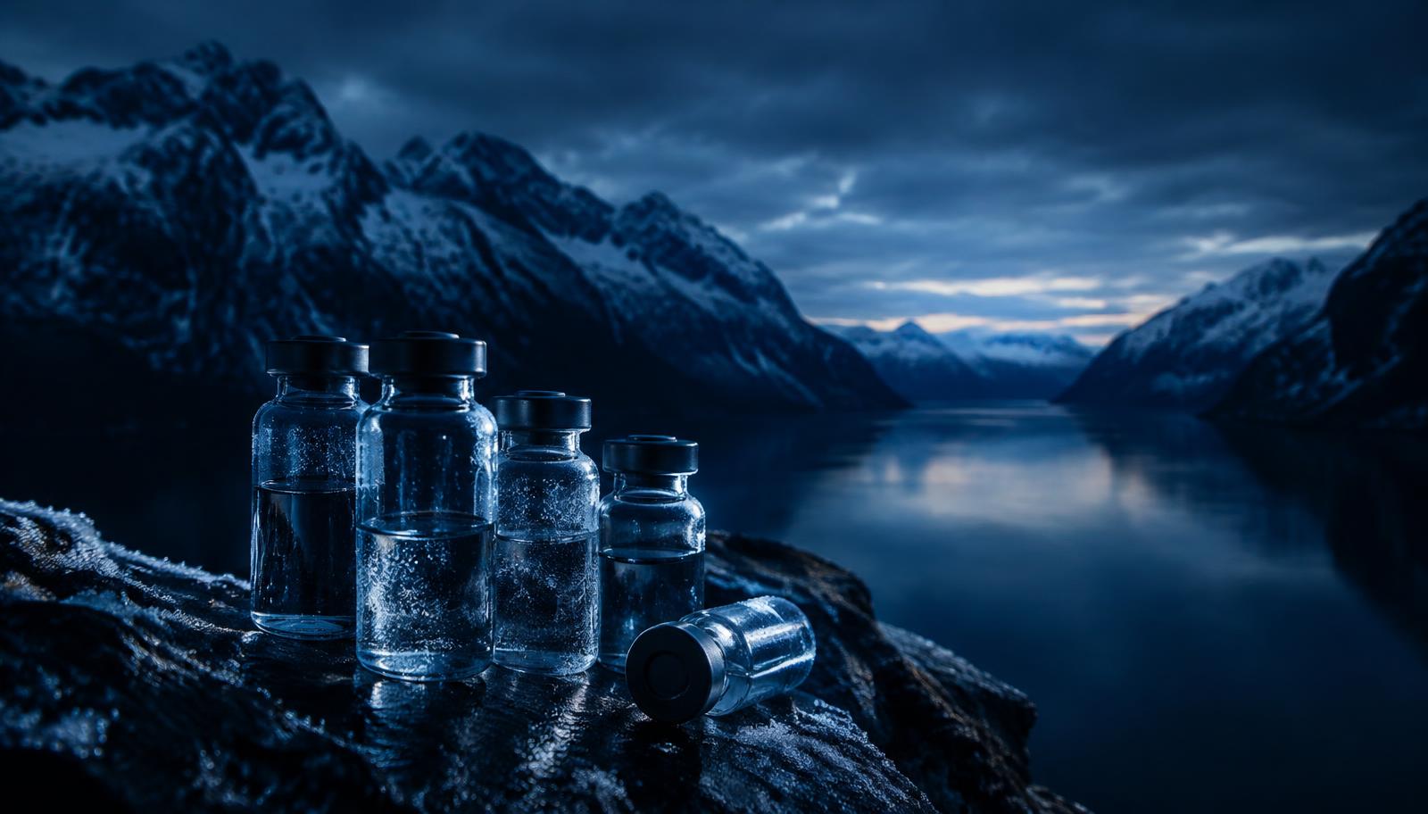 Fjäll och fjord med laboratorieflaskor